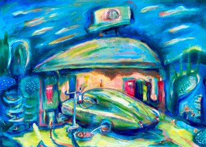 An acrylic painting of retro futurism symbolic of how cars get updated like human body however, the old components are still inside.